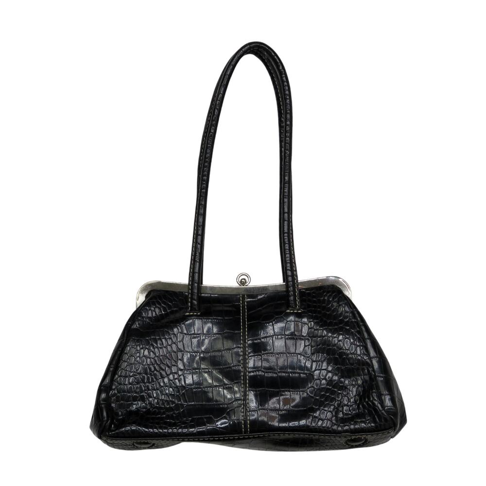 1990s Vintage Nine West Black Croc Faux Leather Hand Bag Shoulder Bag Retro